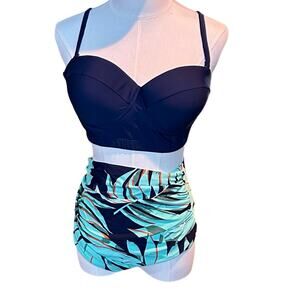 Tropical Palm Leaf High Waisted Bikini Set Navy Green XL